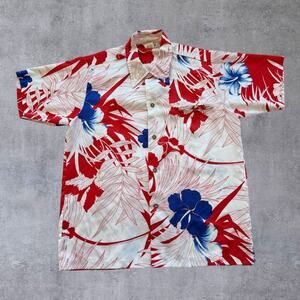 Vintage 70s Paradise Hawaii Shirt Mens Medium Red White Blue Hibiscus Aloha USA